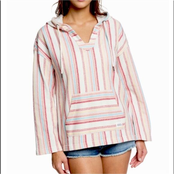 Roxy Colorful Striped Summer Beach Poncho Hoodie, Size Large - Picture 1 of 12